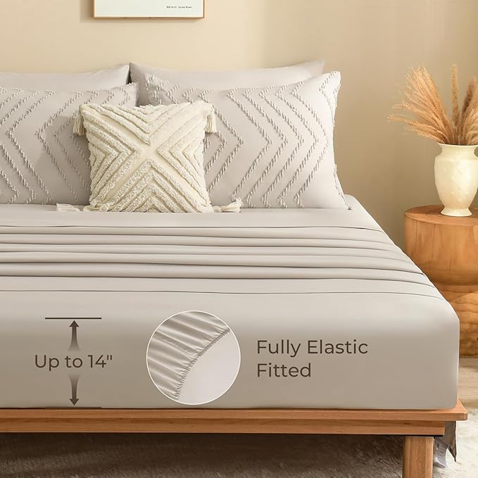 Litanika Twin Comforter Set with Sheets Oatmeal - 5 Pieces Boho Tufted Shabby Chic Bed in a Bag, Fluffy Soft Farmhouse Bed Set for All Seasons