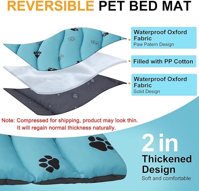 BEAUTYZOO Outdoor Dog Bed Waterproof, Camping Dog Bed Reversible, Portable Travel Bed with Carry Bag- Machine Washable, Durable, Foldable Outdoor Pet Bed Mat for Medium Large Dogs, 35” x 51“ Blue