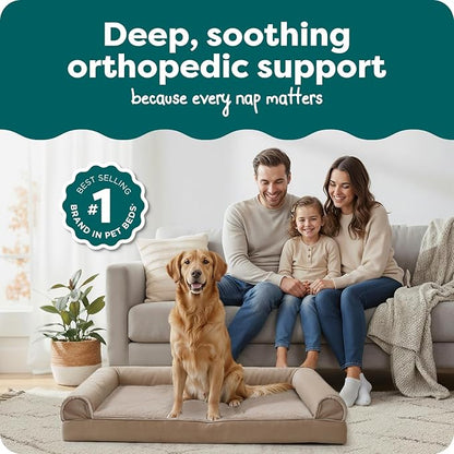 Furhaven Orthopedic Dog Bed for Large Dogs w/ Removable Bolsters & Washable Cover, For Dogs Up to 95 lbs - Luxe Faux Fur & Performance Linen Sofa - Woodsmoke, Jumbo/XL