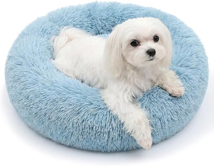 Calming Donut Dogs Beds for Small Dogs Washable,23inch Plush Round Pet Bed for Cozy Sleep,Fluffy Faux Fur Large Cat Bed,Fits up to 25 lbs Pets,Washed Blue