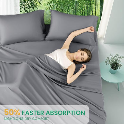 SONORO KATE 100% Viscose Derived from Bamboo_Sheets Cal King Size, Ultra Breathable & Cooling Bed Sheets for Hot Sleepers, Hotel Luxury Silky Bedding Sheets, 16" Deep Pocket - 4PC (Grey,Cal King)