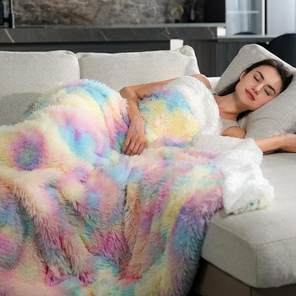 Pawque Faux Fur Sherpa Fleece Blanket Twin Size Rainbow - Fluffy Warm Plush Blankets for Bed, Cozy Thick Lightweight Reversible Decor for Winter Sofa Couch, 60x80 inches