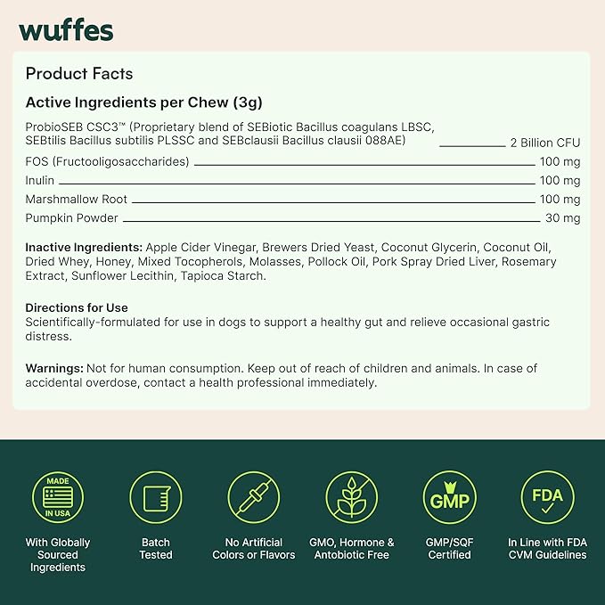 Wuffes Daily Probiotic for Dogs - Supports Digestive Health, Gut Balance, and Immune System - with Prebiotics, Marshmallow Root, and Pumpkin Powder - 60 Soft Chews