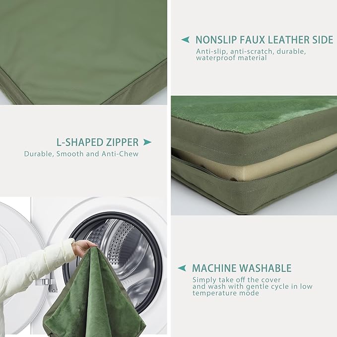 Outdoor Waterproof Dog Beds Large Sized Dog Washable, XL Leather Crate Pad 42 inch, Extra Large Orthopedic Foam Pet Bed with Removable Cover Reversible, Anti-Slip Kennel Pad, 41"x27", Green