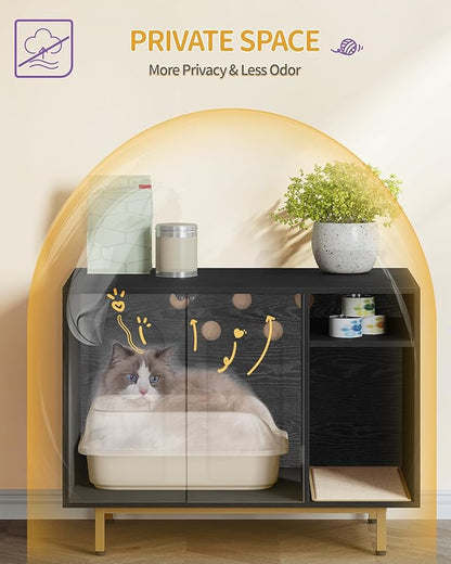 Hzuaneri Cat Litter Box Enclosure Enclosed, Hidden Litter Box Cabinet Furniture with Storage, Wooden Indoor Cat House Large, Modern End Table for Living Room Entryway, Black and Gold CB01504G