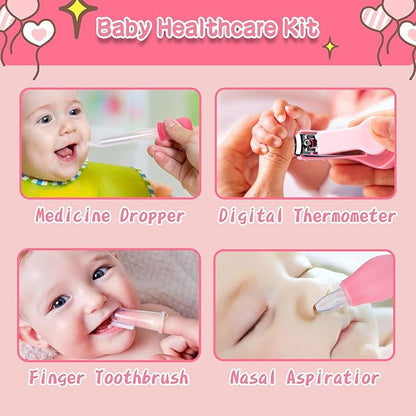 Baby Healthcare and Grooming Kit, 14 in 1 Baby Safety Set Newborn Nursery Health Care Set with Hair Brush Scale Nail Clippers for Baby Girls Boys (14 Kits Pink)