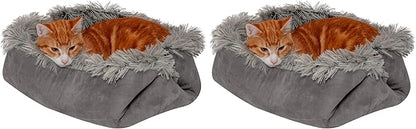 Furhaven Self-Warming Cat Bed for Indoor Cats, 4-Beds-in-1 & Washable - Plush Long Faux Fur Convertible Cuddler - Gray, Small (Pack of 2)