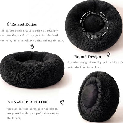 Calming Donut Dogs Beds for Medium Dogs up to 45 lb,30inch Anti-Slip Plush Round Dog Bed with Raised Rim,Fluffy Faux Fur Pet Bed for Cozy Sleep,Black