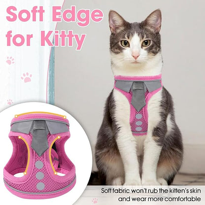 Cat Harness and Leash Set for Walking Escape Proof, Soft Adjustable Kitten Harness Breathable Mesh with Reflective Strips Harness for Kitty Puppy Bunny(Pink,S)