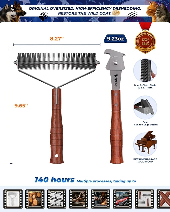 Extra Large 2-Sided Dog Brush For Shedding Undercoat Rake for Dogs & Cats & Horses, Remove Mats, Dematting Comb,Gentle Grooming Brush for German Shepherds Medium to Long-Haired Pets(Walnut Handle)