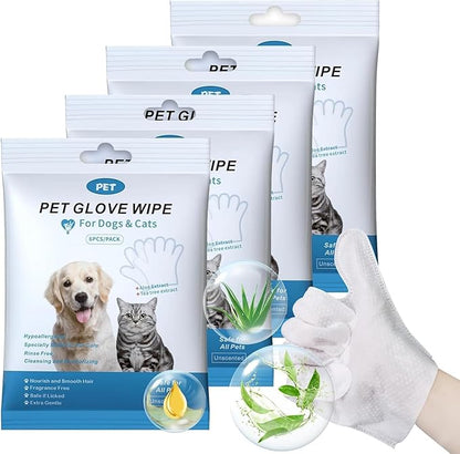 Pet Glove Wipes for Dogs (4Packs/24 PCS) Disposable pet Cleaning Towel, Thick, Odorless and Suitable for Daily Care, Cleaning and Caring for Dogs and Cats