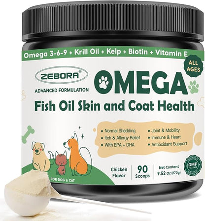 ZEBORA Omega 3 Fish Oil for Dogs, Wild Caught Dog Fish Oil, EPA & DHA, Krill Oil, Kelp, Skin and Coat Supplement, Anti Itch & Shedding, Support Dry Skin, Joint Health, Dog Allergy Relief
