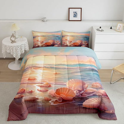 Erosebridal Ocean Bedding Sets Full Tropical Hawaii Comforter Set Summer Beach Bedding Comforter Seashell Conch Bed Set Oil Painting Quilted Duvet Coastal Sealife Girls Teen Bedroom Décor Soft