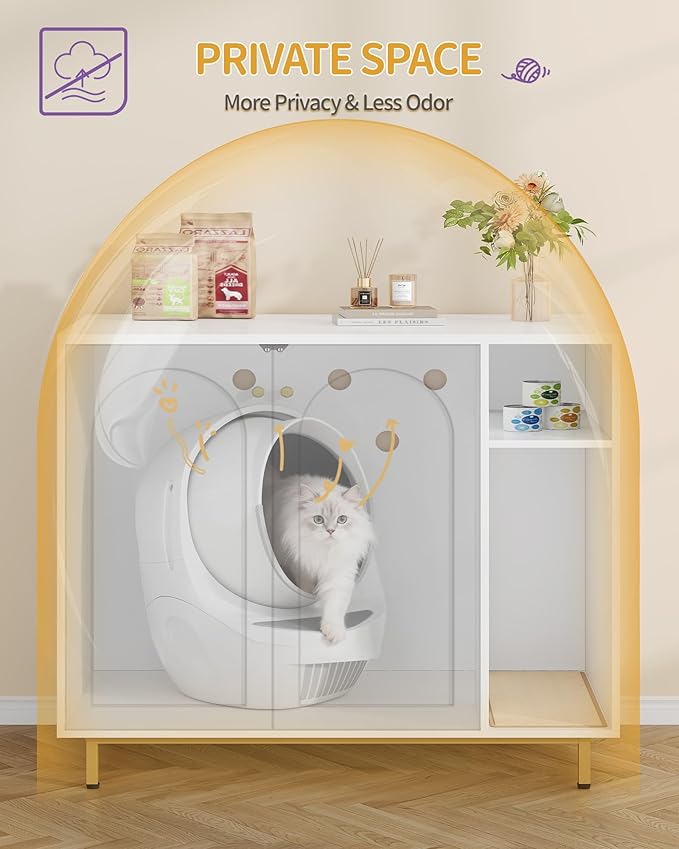 Hzuaneri Extra Large Cat Litter Box Enclosure, Automatic Litter Box Furniture with Scratch Pad, Wooden Modern Self-Cleaning Cat Cabinet with Storage, Cats House, End Table, White and Gold CB87103G