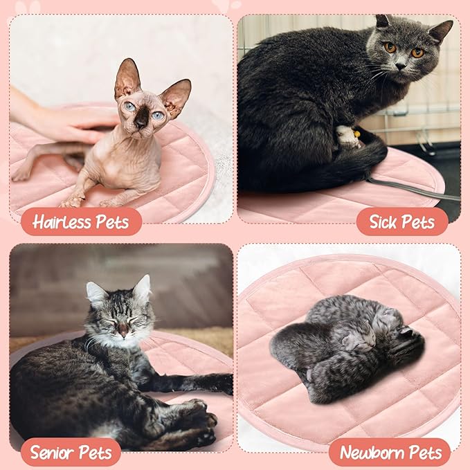 Drydiet 2 Pcs Self Warming Cat Mat Round Self Heating Pad Bed Reversible Machine Washable Heated Bed Anti Slip Warming Pad Pet Mat for Cat Crate Indoor Outdoor(Pink,16 Inch)