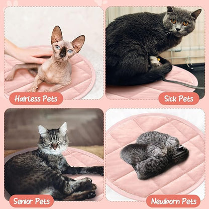Drydiet 2 Pcs Self Warming Cat Mat Round Self Heating Pad Bed Reversible Machine Washable Heated Bed Anti Slip Warming Pad Pet Mat for Cat Crate Indoor Outdoor(Pink,16 Inch)