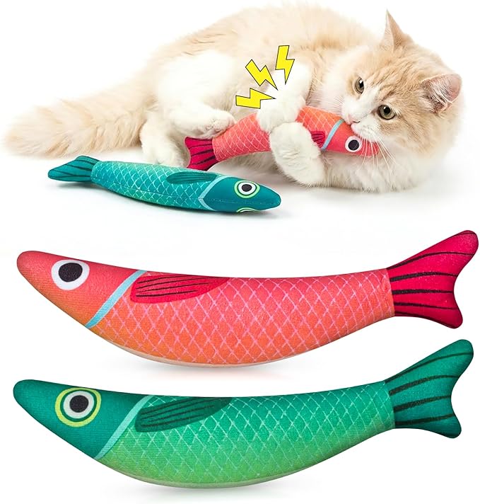 Catnip Toys for Indoor Cats with 5000mg Natural 2 Pack Fish Cat Toys with Hidden Bell Interactive Chew Kicker Toy with Crinkle Paper for Kitten Exercise Red Green