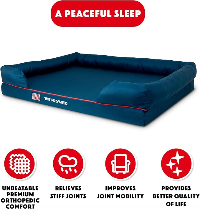 The Dog’s Bed Orthopedic Memory Foam Dog Bed with Bolsters for XXL Dogs, High Density Support Mattress, Low Front Entry, Removable Washable Cover, Oxford Fabric, Blue with Dark Red Trim, XXL