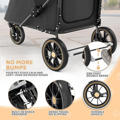 Magshion Pet Stroller for Medium Dogs w/Adjustable Handle, 3-Wheel Dog Cat Wagon w/Dual Entry, Rear Storage, Breathable Mesh, One-Foot Brake, Ideal for Large Pets up to 55 lbs, Black