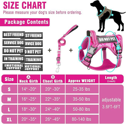 Tactical Service Dog Vest and Leash Set,Heavy Duty No Pull Dog Harness and 10 Patches with Dog Seat Belt for Large Dogs,Reflective Pet Harness for Training Walking Hiking Camo Pink XL