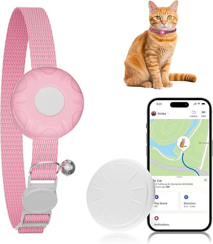 Cat GPS Tracker, Smart Cat Tracker Compatible with Apple Find My App (Only iOS), No Monthly Fee, Waterproof, Breakaway Collar Included (White Tracker, Pink Cat Collar)