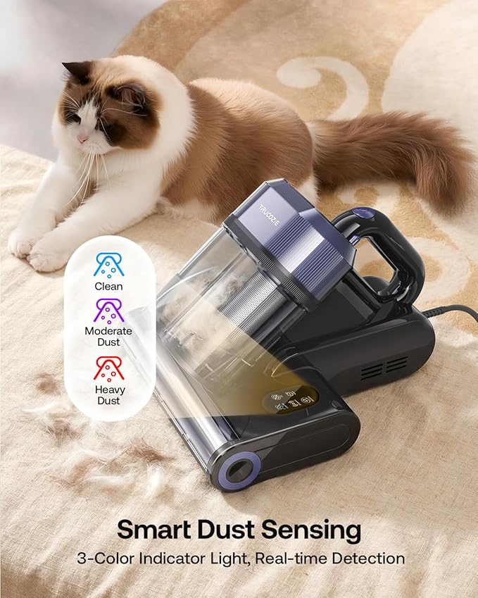 Trucozie Mattress Vacuum Cleaner, 16Kpa Bed Vacuum with Smart Dust Sensor, Anion & Aromatherapy, 275nm UV Light, 149℉ Heat & Ultrasonic & Tapping, Corded for Bed Sofa Couch Pet Hair, Black