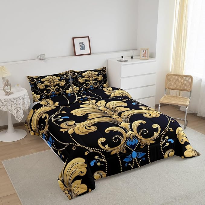 Bohemian Paisley Twin Comforter Set Hippie Mandanla Bedding Set, Black and Gold Duvet Insert Vintage Floral Quilt Comforter Boho Aesthetic Flower Bedding Comforter Sets, Retro Medallion Bedroom Decor
