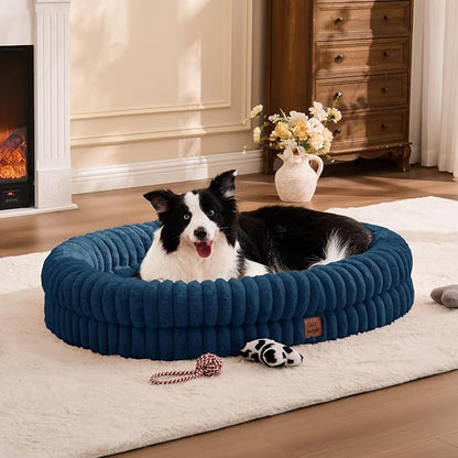 ChiXnuggle XL Dog Bed - Luxury Striped Faux Fur Waterproof Pet Couch with Removable Washable Cover, Orthopedic Dog Bed with Bolster Sides for Sleeping, Midnight Blue