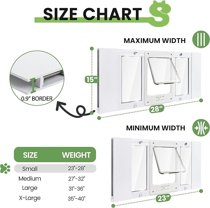 Full-Size Window Pet Door for Cats & Small Dogs, Fits 24"-28" Width Sliding Windows, Easy to Install, No-Damage Cat Door for Window, Magnetic Closure Cat Door Window Insert, Weatherproof Cat Door
