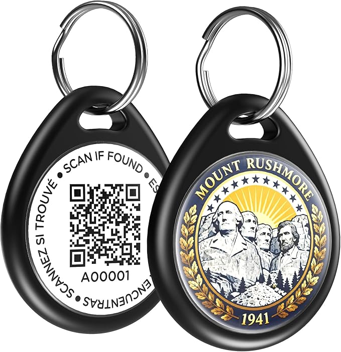 Dog Tags Personalized for Pets, Mount Rushmore Pattern QR Code Dog Name Tags for Pet Collar, Online Profile, Scan Location Alerts, (Black Mount)