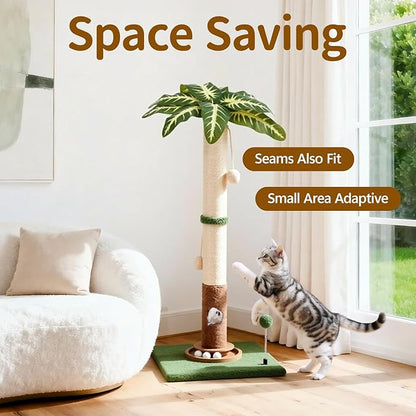 Tall Cat Scratching Post Vertical Pole for Indoor, 35" Palm Tree Sisal Scratch Post for Large Adult Cats Kittens, Heavy Duty Wooden Carpet Pole with Ball Track Leaves, Furniture Protection