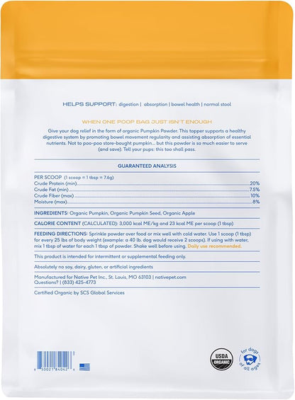 Native Pet Pumpkin for Dogs - Organic Dog Food Topper Powder - Promotes Firm Stools, Supports Digestive, Bowel Health & Nutrient Absorption - USDA Organic, Rich in Fiber with Real Pumpkin -120 Scoops