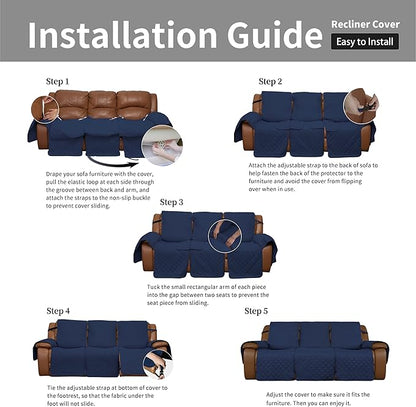 Easy-Going Oversized Recliner Sofa Cover, Reversible Couch Cover for 3 Seat Recliner, Split Sofa Cover for Each Seat with Elastic Straps for Kids, Dogs, Pets (3 Seater, Navy/Navy)
