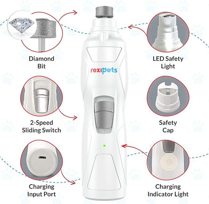 REXIPETS Cat and Dog Nail Grinder - Rechargeable Electric Pet Nail Clipper & Trimmer- Painless Paws Grooming - Quiet 2-Speed Motor. 3 Size Ports for Small, Medium, Large Pets- Up to 4 Hours of Charge