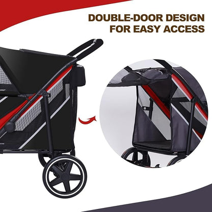 Large Dog Stroller-4 Wheel Pet Strollers for Medium Dogs or 2 Dogs- One-Click Foldable - Large Breathable Mesh & Sunroof - All Terrain Pet Stroller for Medium Senior Dog up to 88 lbs (Black-Red)