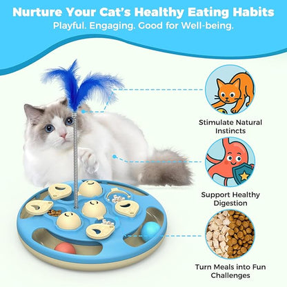 Cat Puzzle Toys Games Level 3 in 1 with Track Balls, Feather Teaser & Treat Feeder | Non-Slip Base | Mental Stimulation Enrichment for Indoor Cat, Dogs| Kitty Gift, Blue
