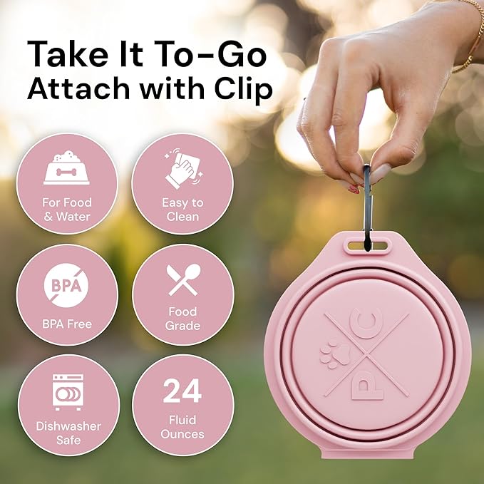 Pup Culture Dual Collapsible Dog Bowls | Silicone Travel Water Bowl for Dogs | Food Grade, No Plastic Rim, Portable Dog Bowl for Food and Water - Easy to Clean | BPA Free and Safe for Your Pup-Pink