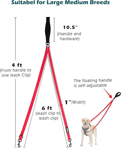 PetBonus Two Point Control Dog Leash, Works with No Pull Harnesses, No Tangle Training Leashes, Soft Padded and Reflective Walking Lead, Converts to Single Lead for Medium Large Dogs (Red)