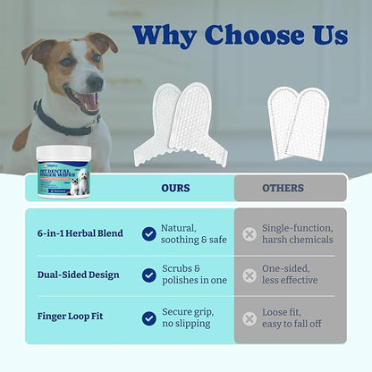 Dog Teeth Cleaning Wipes, Pet Finger Dental Wipes for Dogs & Cats, Dual-Sided, 6-in-1 Herbal Formula, Remove Plaque & Tartar, Freshen Breath, No-Rinse Toothbrushing Wipes - 50 PCS, Unflavored