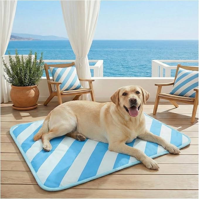 Dog Cooling Mat for Dogs & Cats, Soft Breathable Cooling Pad for Dog Bed, 43"x32" Self Cooling Crate Mat for Dogs, No Gel Washable Non-Slip Pet Cooling Mat Indoor Outdoor, Blue Stripe