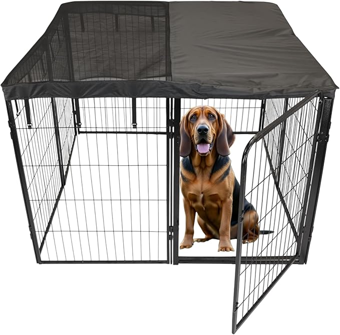 Dog Playpen w/Square Top Shade Cover - 40 inch, 8 Panel Portable Black Metal Pet Play Pen for Medium & Large Dogs - Indoor/Outdoor Kennel Cage for Home, Yard, RV, or Camping