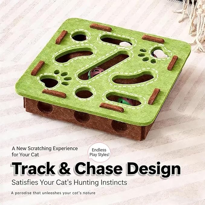 Interactive Cat Puzzle Toy, Cat Scratch Puzzle Enrichment Box with Bell, Felt Maze Box, Mental Stimulation Toy for Cats, Self Play Fun Exercise Hide Seek Moving Cat Toy for Bored Cats