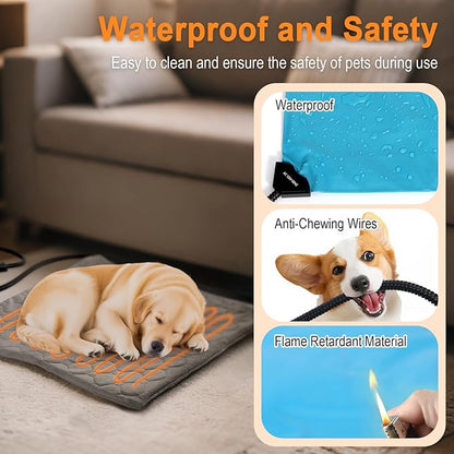 Pet Heating Pad for Cats & Dogs Indoor Outdoor, Warming Cat Heating Pad with Chew Resistant Cord, Adjustable Temperature and Time, Heated Pet Bed Mat Waterproof for Cats Dogs (Grey, 15.7'' × 27.6'')