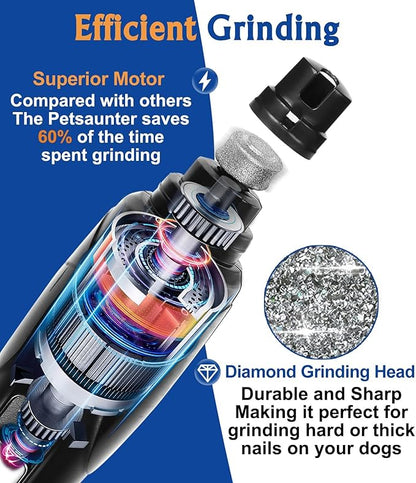 Petsaunter Dog Nail Grinder, 3 Grinding Heads, 2-Speed, LED Light, Touch-Switch, TypeC, Quiet, Low-Vibration, Dog Nail Trimmers for Large, Medium, Small Dogs & Cats with Hard/Thick Nails (U-Black)