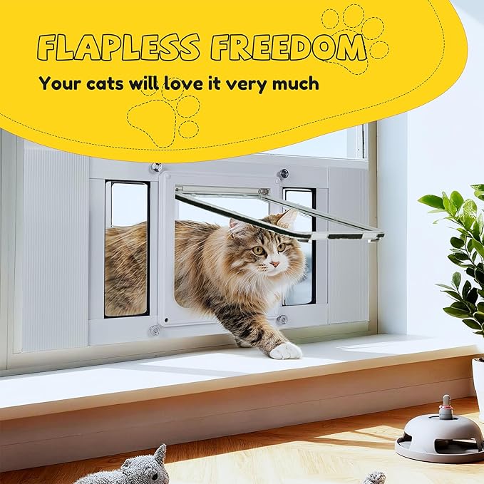 Cat Door for Window with Safety Window Lock, Adapt to Windows of Different Width, 5 Min Non-Destructive Installation Cat Window Door Insert, Aluminum Alloy Frame, 4 Locking Modes, for Cat Only