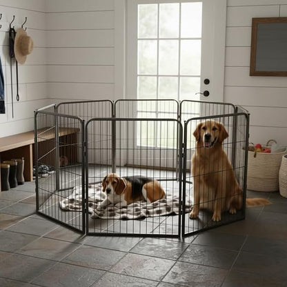 Dog Playpen - 32 inch, 8 Panel Portable Black Metal Pet Play Pen for Small and Medium Dogs - Indoor/Outdoor Kennel Cage | Anti-Rust Tool Free Setup for Home, Yard, RV, or Camping
