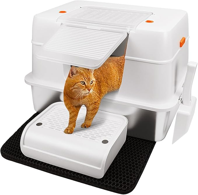 Vivifying Stainless Steel Litter Box with Lid, XL Side Entry Extra Large Litter Box for Big Cats & Kitty, Removable Enclosed Metal Cat Pan with High Sided Enclosure, Scoop, Mat, Footboard (Beige)
