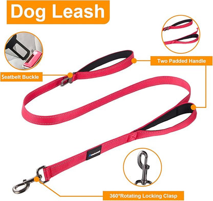 Annchwool No Pull Dog Harness,Heavy Duty Reflective Collar & Leash Set-Leash with Double Handle & Car Seatbelt Clip-Easy Control for Walking Training Medium Large Size Dogs(Red,XL)
