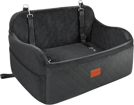 Lealchum Large Dog Car Seat,Memory Foam Cushion Car Seat for 2 Small Dogs,Comfy Car Dog Bed with Side Pocket and 2 Clip-On Safety Leashes,Easy to Install Cars Seat for Dogs(Black, Large)