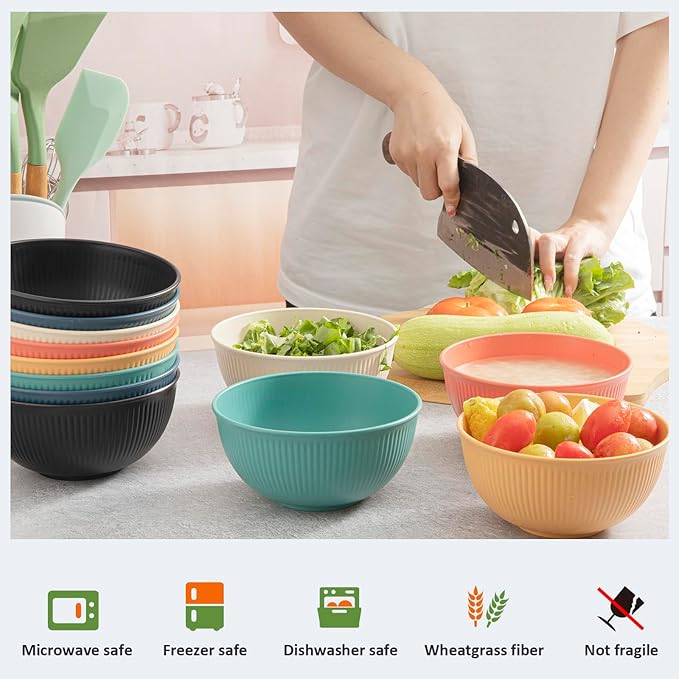 6 Pcs 24 oz Unbreakable Cereal Bowls, Reusable Plastic Lightweight Bowls, Made from Wheat Straw Fiber, Ideal for Salads, Soups, Ramen, Noodles (The color of rice, 24OZ)